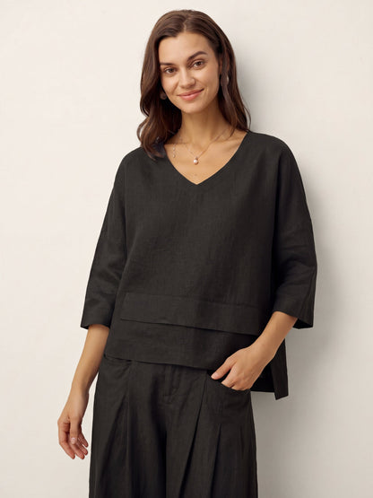 Top de lino con cuello en V y dobladillo a capas para mujer-Tops for women-Casaluzia