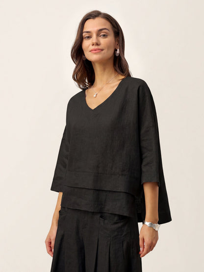 Top de lino con cuello en V y dobladillo a capas para mujer-Tops for women-Casaluzia
