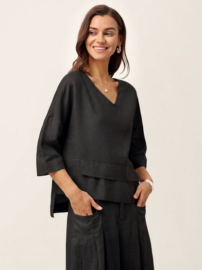 Top de lino con cuello en V y dobladillo a capas para mujer-Tops for women-Casaluzia