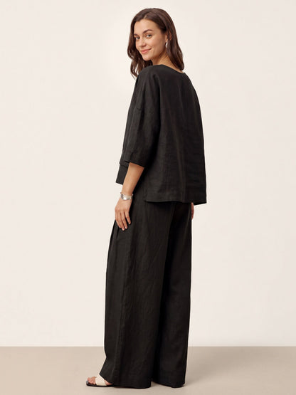 Top de lino con cuello en V y dobladillo a capas para mujer-Tops for women-Casaluzia