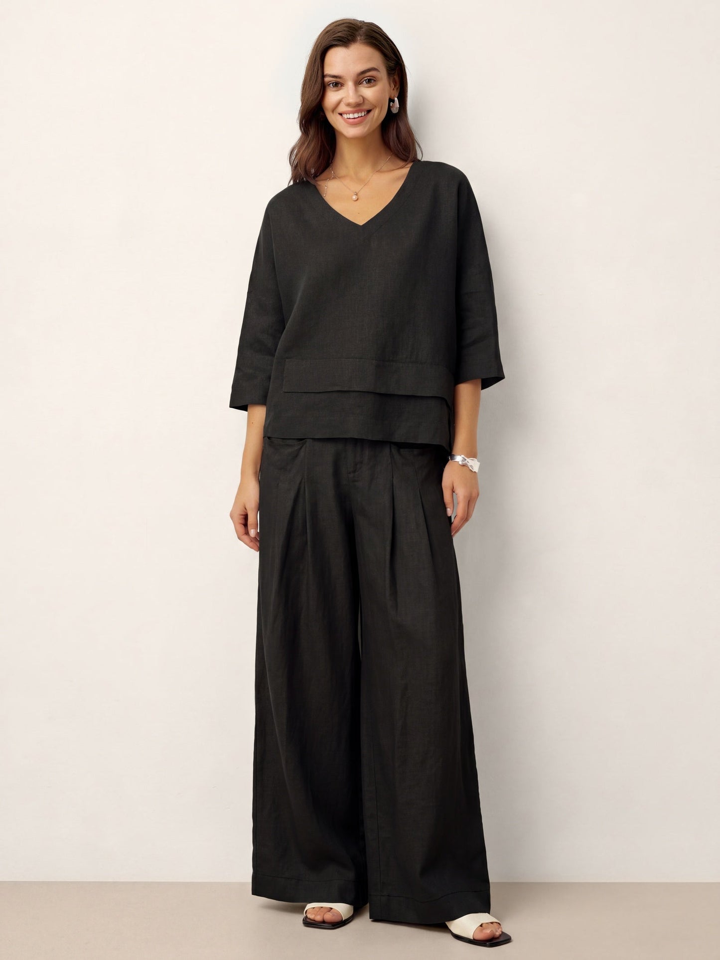 Top de lino con cuello en V y dobladillo a capas para mujer-Tops for women-Casaluzia