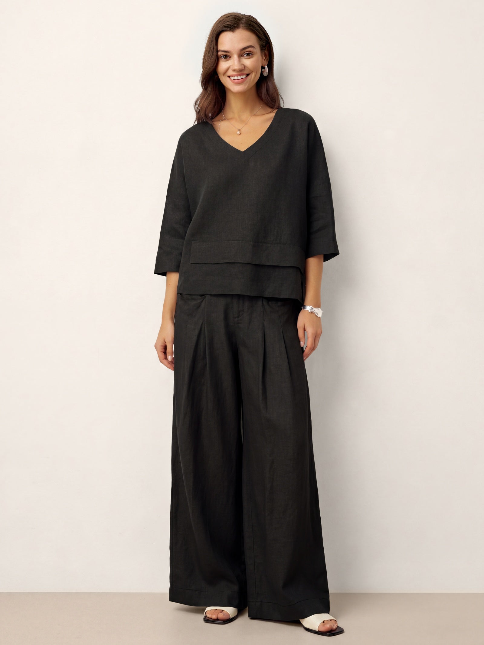 Top de lino con cuello en V y dobladillo a capas para mujer-Tops for women-Casaluzia
