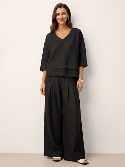 Top de lino con cuello en V y dobladillo a capas para mujer-Tops for women-Casaluzia