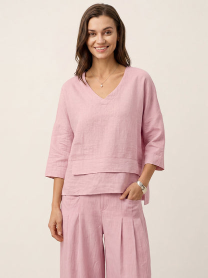 Top de lino con cuello en V y dobladillo a capas para mujer-Tops for women-Casaluzia