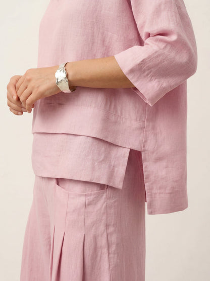 Top de lino con cuello en V y dobladillo a capas para mujer-Tops for women-Casaluzia