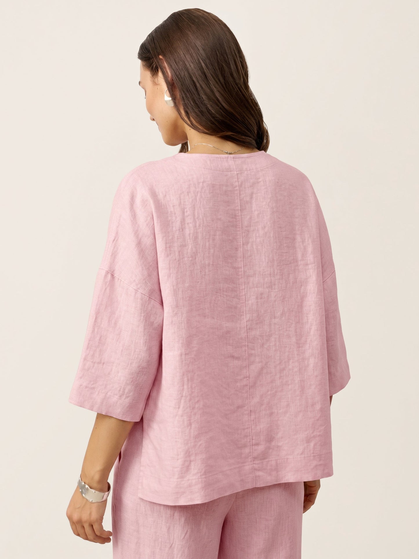 Top de lino con cuello en V y dobladillo a capas para mujer-Tops for women-Casaluzia