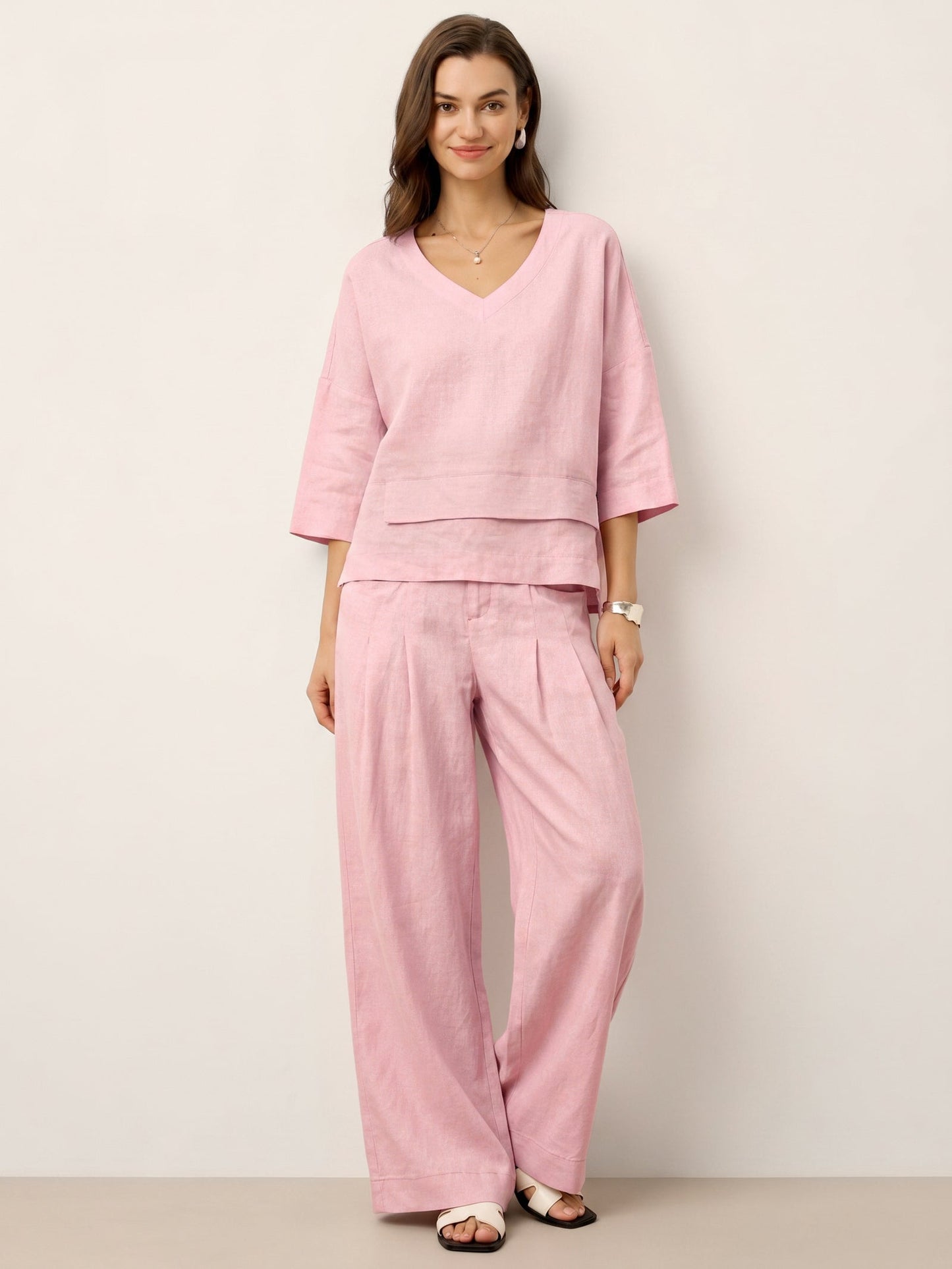 Top de lino con cuello en V y dobladillo a capas para mujer-Tops for women-Casaluzia