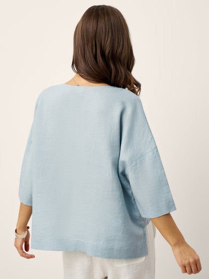 Top de lino con cuello en V y dobladillo a capas para mujer-Tops for women-Casaluzia