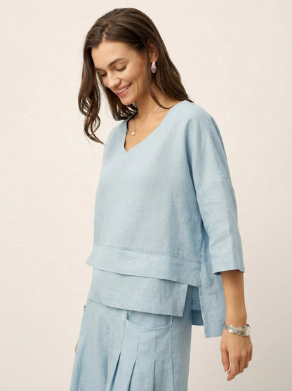 Top de lino con cuello en V y dobladillo a capas para mujer-Tops for women-Casaluzia