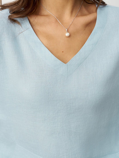 Top de lino con cuello en V y dobladillo a capas para mujer-Tops for women-Casaluzia