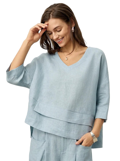 Top de lino con cuello en V y dobladillo a capas para mujer-Tops for women-Casaluzia
