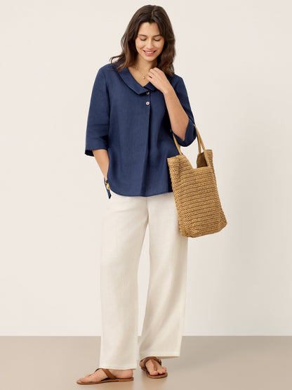 Top de lino para mujer con cuello asimétrico-Tops for women-Casaluzia