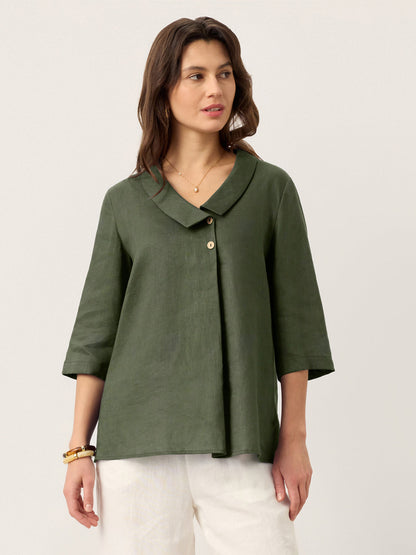 Top de lino para mujer con cuello asimétrico-Tops for women-Casaluzia
