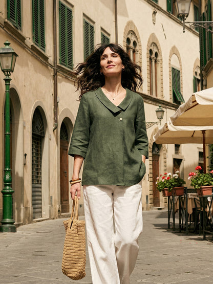 Top de lino para mujer con cuello asimétrico-Tops for women-Casaluzia