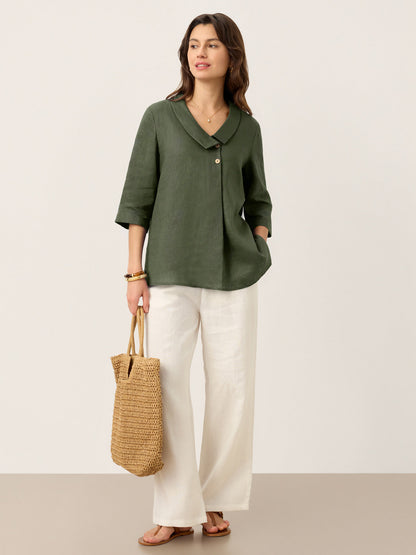 Top de lino para mujer con cuello asimétrico-Tops for women-Casaluzia