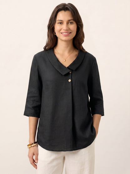Top de lino para mujer con cuello asimétrico-Tops for women-Casaluzia