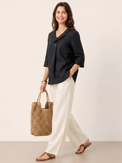 Top de lino para mujer con cuello asimétrico-Tops for women-Casaluzia