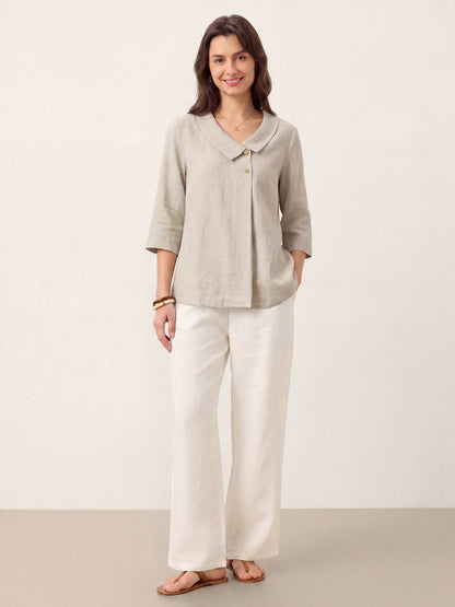 Top de lino para mujer con cuello asimétrico-Tops for women-Casaluzia