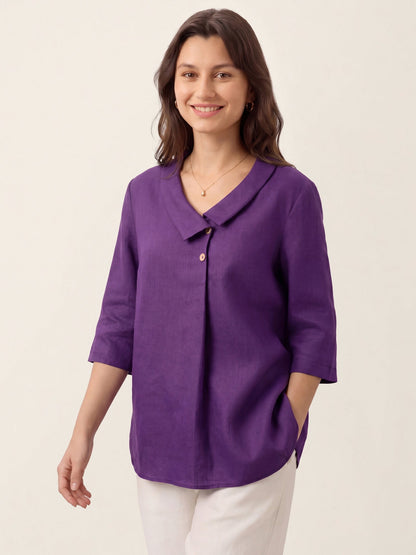 Top de lino para mujer con cuello asimétrico-Tops for women-Casaluzia