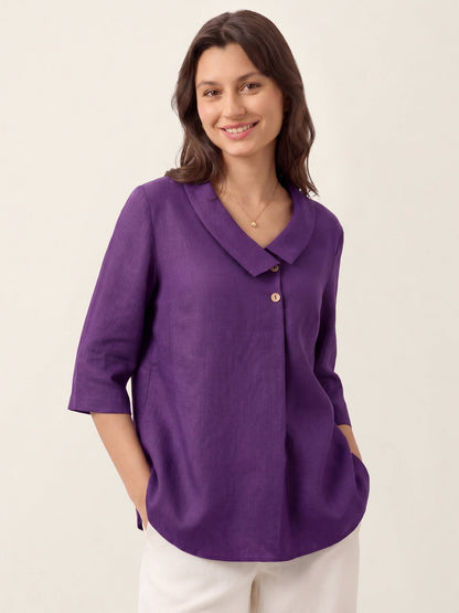 Top de lino para mujer con cuello asimétrico-Tops for women-Casaluzia