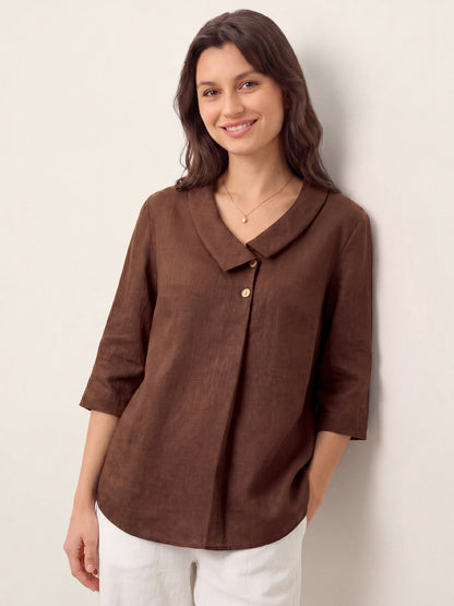 Top de lino para mujer con cuello asimétrico-Tops for women-Casaluzia