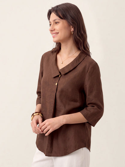 Top de lino para mujer con cuello asimétrico-Tops for women-Casaluzia