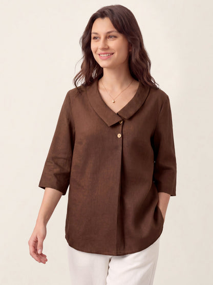 Top de lino para mujer con cuello asimétrico-Tops for women-Casaluzia