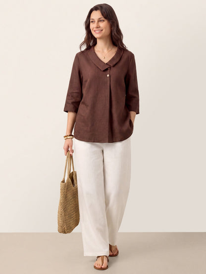 Top de lino para mujer con cuello asimétrico-Tops for women-Casaluzia
