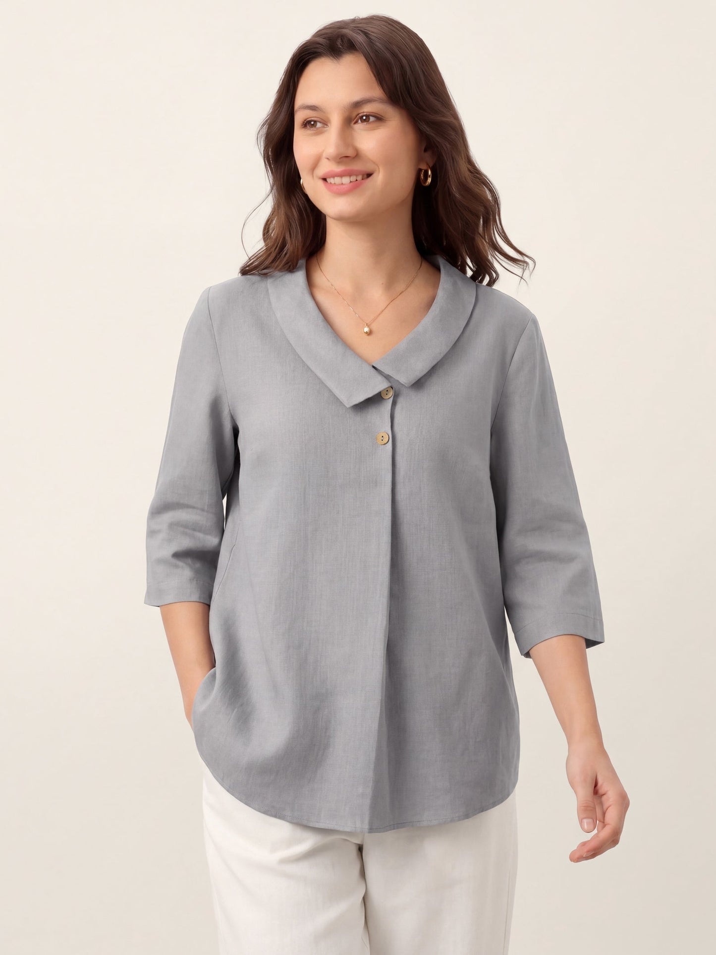 Top de lino para mujer con cuello asimétrico-Tops for women-Casaluzia