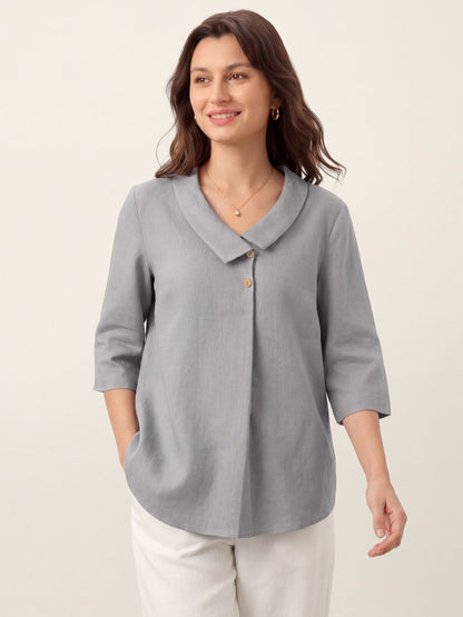 Top de lino para mujer con cuello asimétrico-Tops for women-Casaluzia