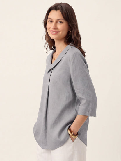 Top de lino para mujer con cuello asimétrico-Tops for women-Casaluzia