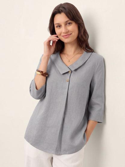 Top de lino para mujer con cuello asimétrico-Tops for women-Casaluzia