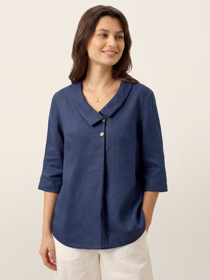 Top de lino para mujer con cuello asimétrico-Tops for women-Casaluzia
