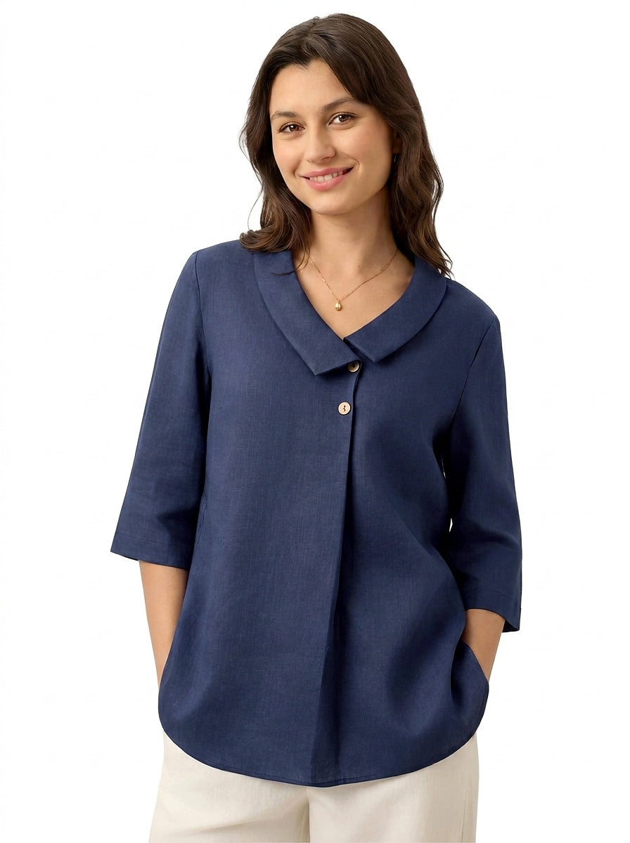 Top de lino para mujer con cuello asimétrico-Tops for women-Casaluzia