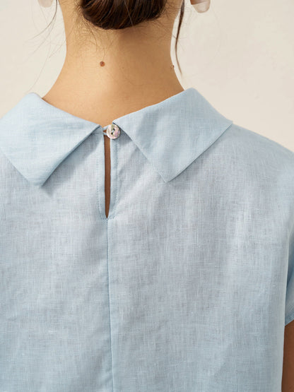 Top de lino para mujer con manga corta y cuello doblado-Tops for women-Casaluzia
