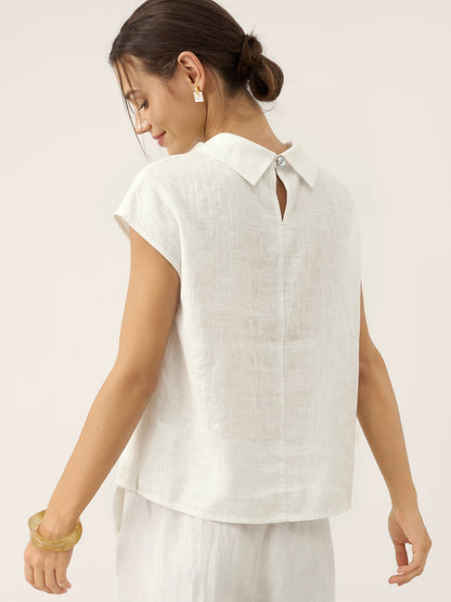 Top de lino para mujer con manga corta y cuello doblado-Tops for women-Casaluzia