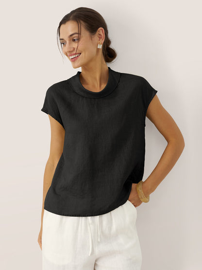 Top de lino para mujer con manga corta y cuello doblado-Tops for women-Casaluzia