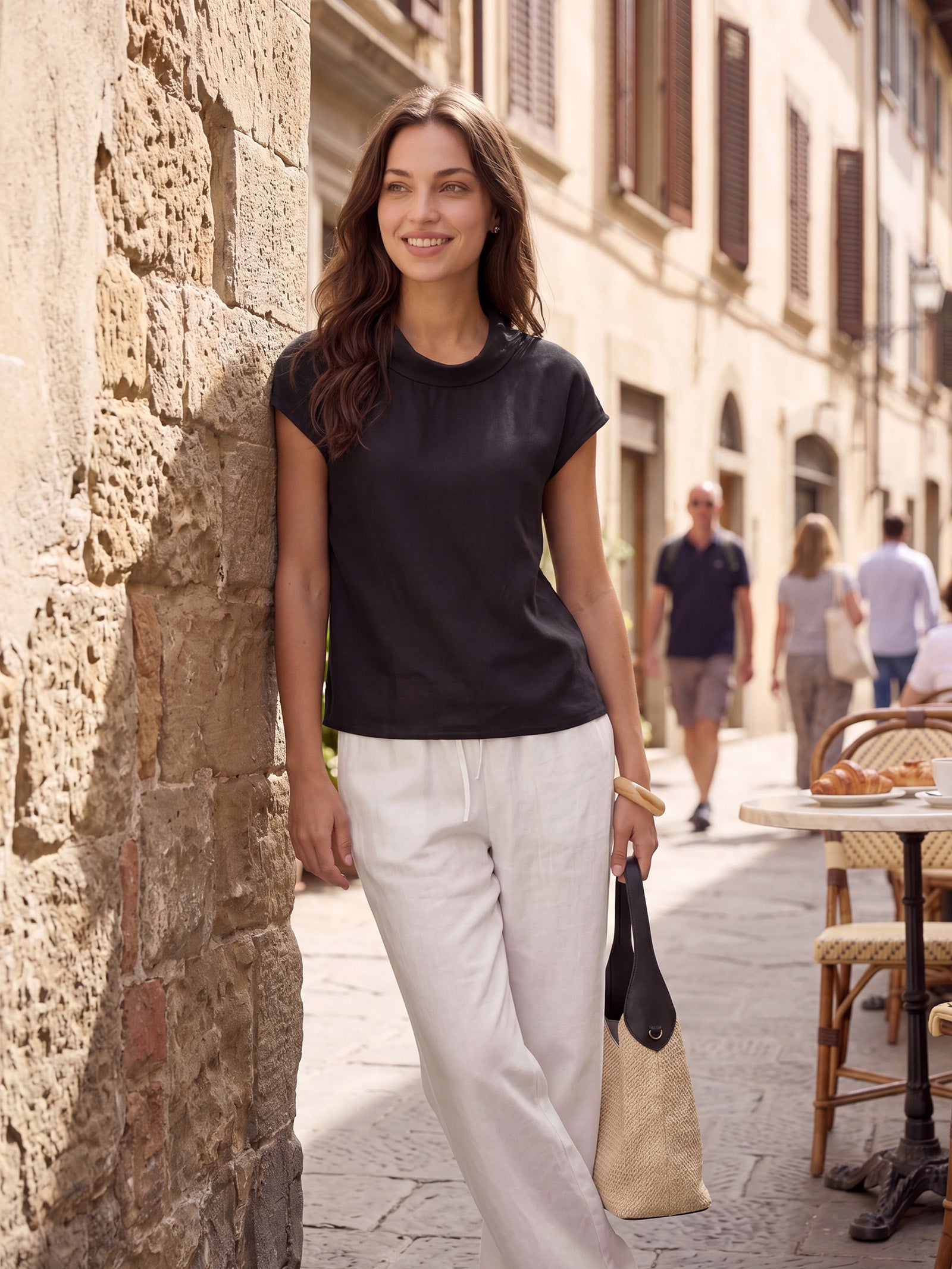 Top de lino para mujer con manga corta y cuello doblado-Tops for women-Casaluzia