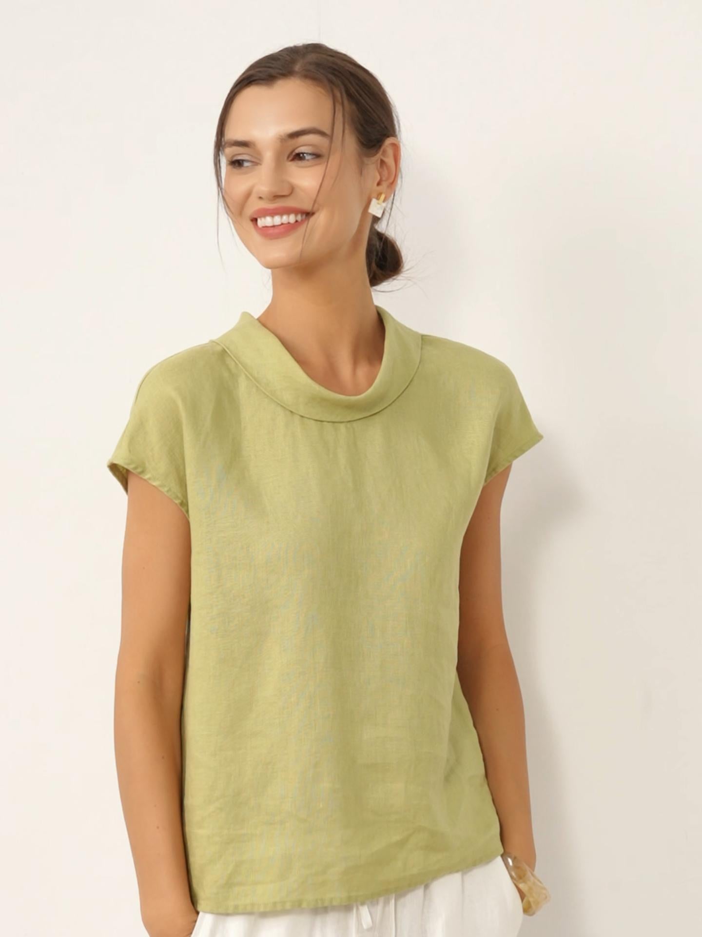 Top de lino para mujer con manga corta y cuello doblado-Tops for women-Casaluzia