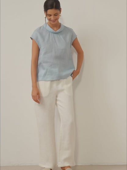 Top de lino para mujer con manga corta y cuello doblado-Tops for women-Casaluzia