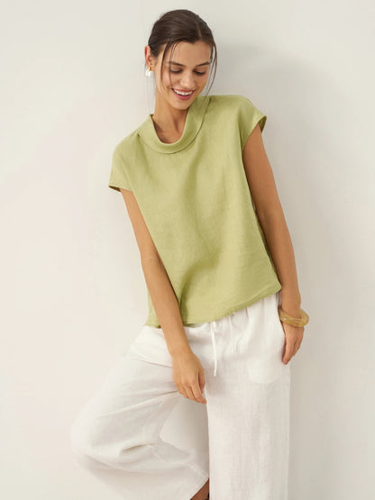 Top de lino para mujer con manga corta y cuello doblado-Tops for women-Casaluzia