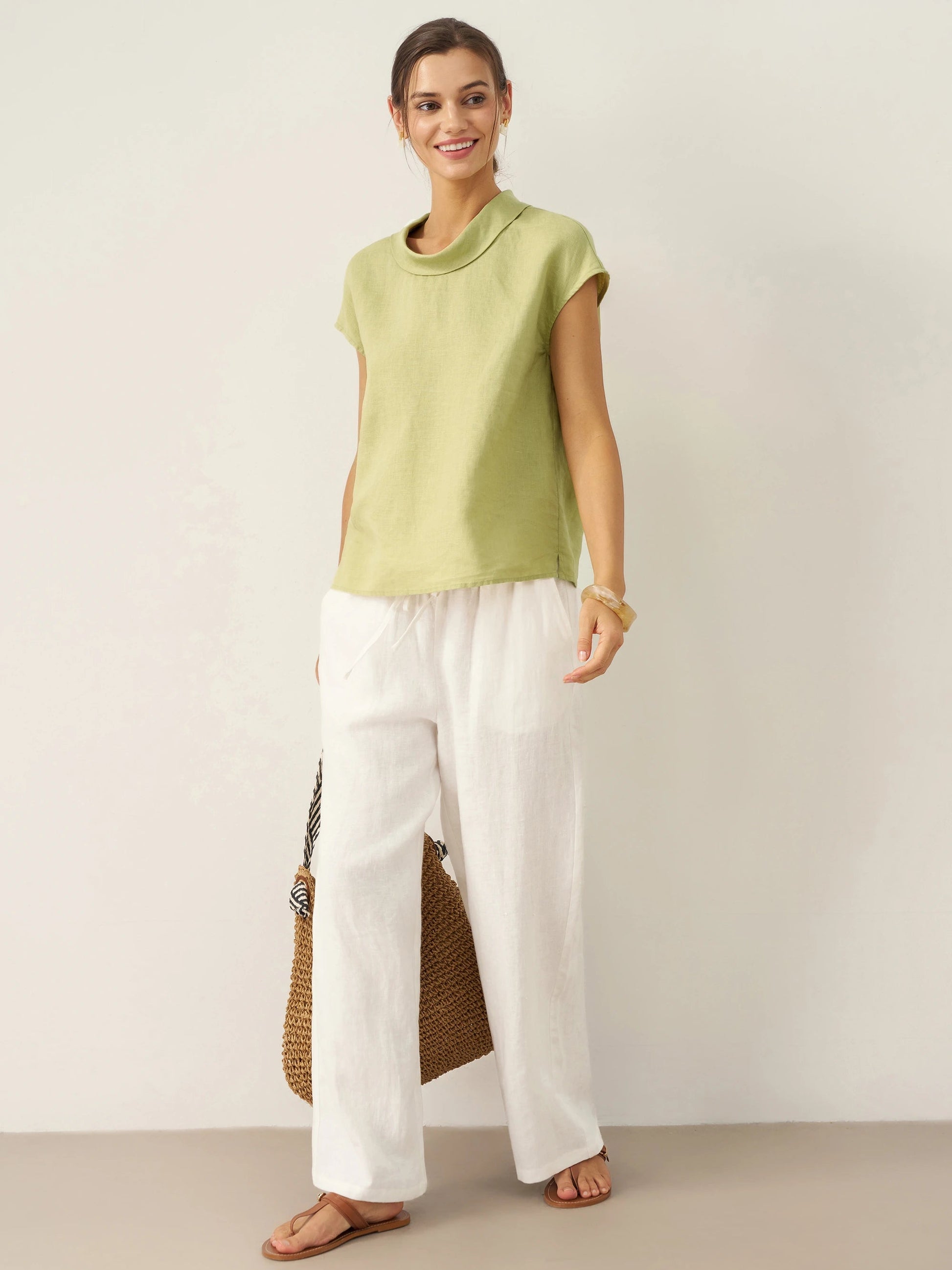 Top de lino para mujer con manga corta y cuello doblado-Tops for women-Casaluzia