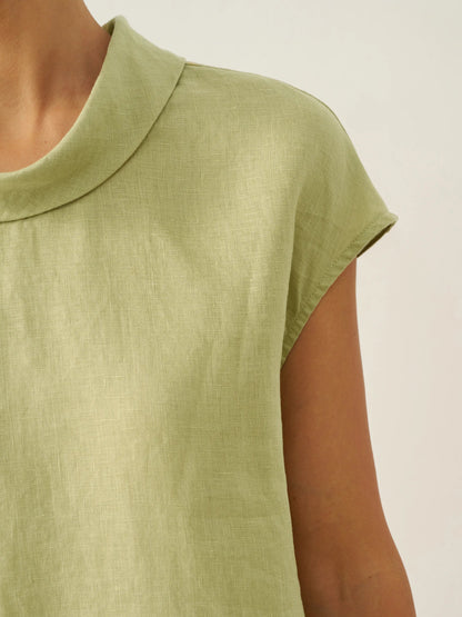 Top de lino para mujer con manga corta y cuello doblado-Tops for women-Casaluzia