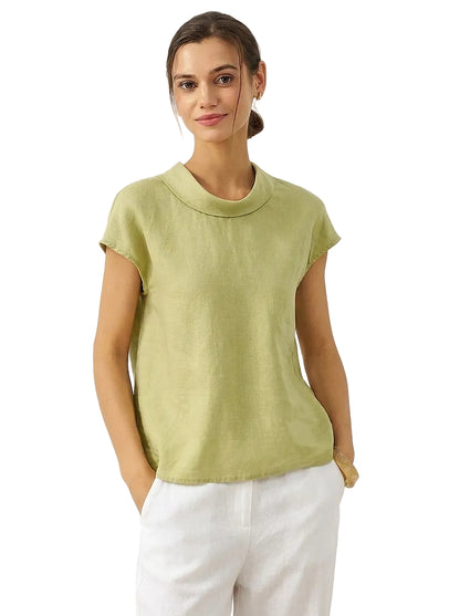 Top de lino para mujer con manga corta y cuello doblado-Tops for women-Casaluzia