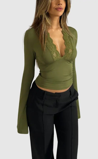 Top de manga larga para mujer con escote en V, panel de encaje y puños acampanados-Tops for women-Casaluzia