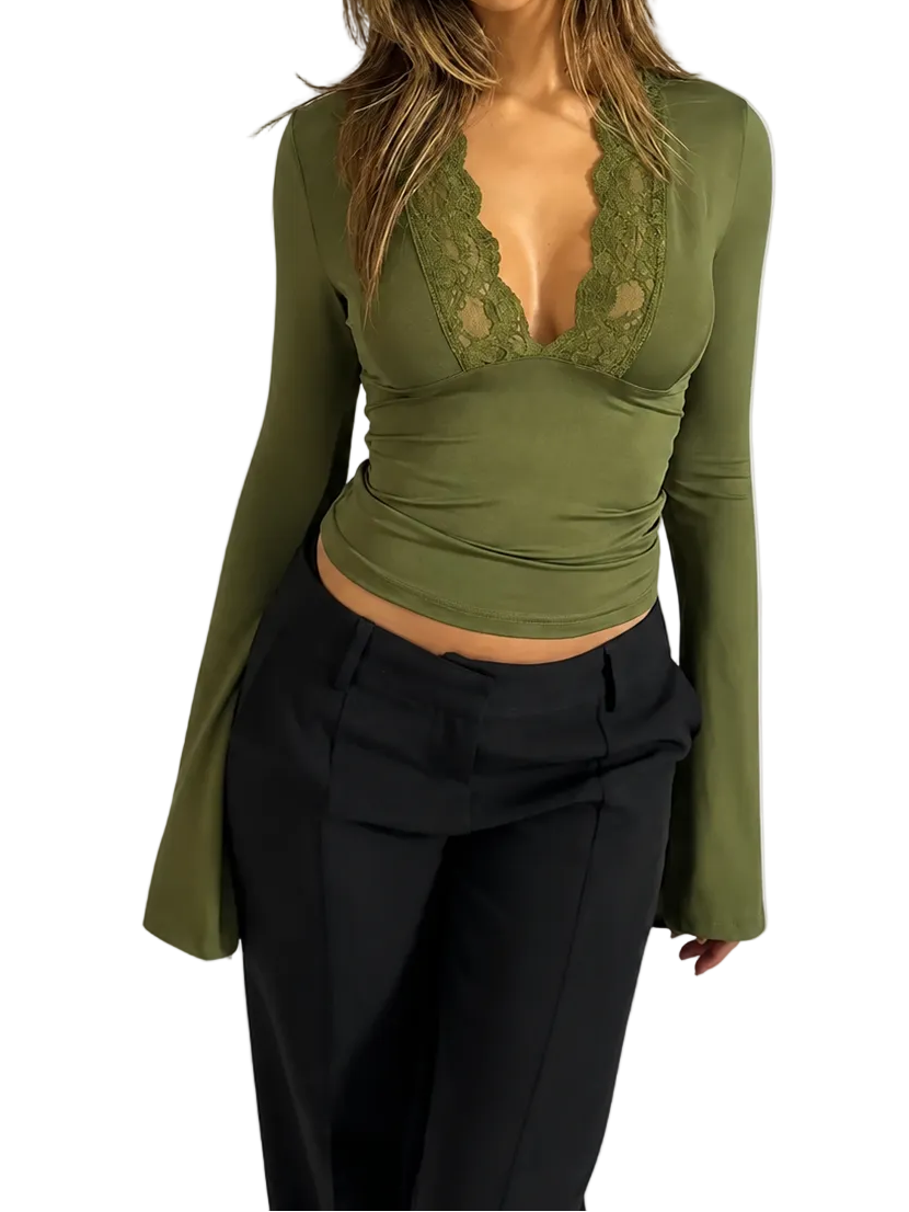 Top de manga larga para mujer con escote en V, panel de encaje y puños acampanados-Tops for women-Casaluzia