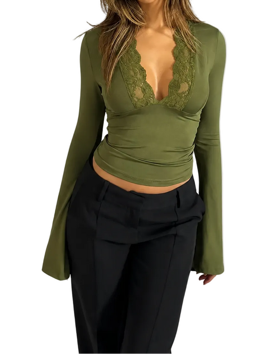 Top de manga larga para mujer con escote en V, panel de encaje y puños acampanados-Tops for women-Casaluzia