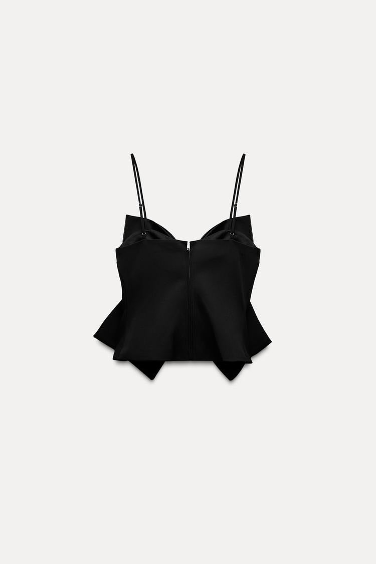 Top de mujer corto con detalle de lazo y acabado brillante-Tops for women-Casaluzia