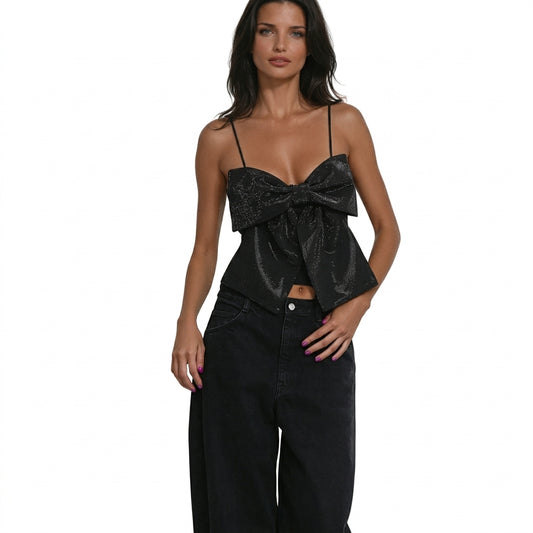 Top de mujer corto con detalle de lazo y acabado brillante-Tops for women-Casaluzia