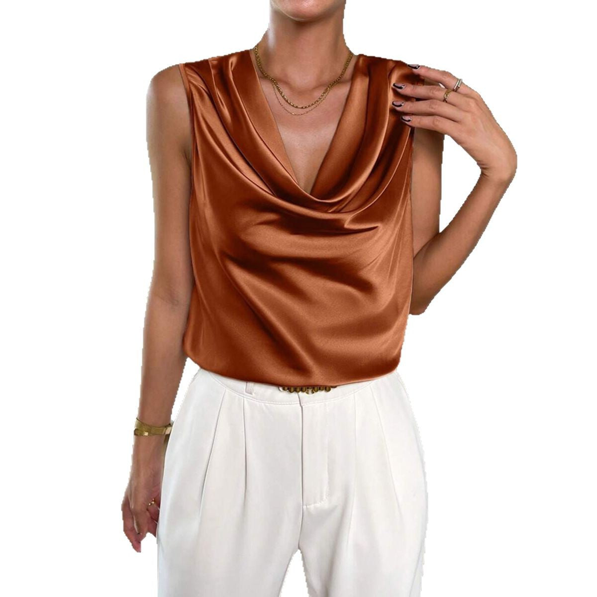 Top de satén con cuello drapeado para mujer-Blouses for women-Casaluzia